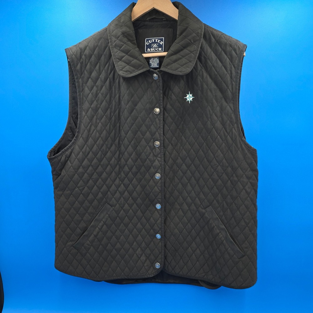 Cutter &‎ Buck Women's XL Black Quilted Snap Front Vest Peter Pan Collar